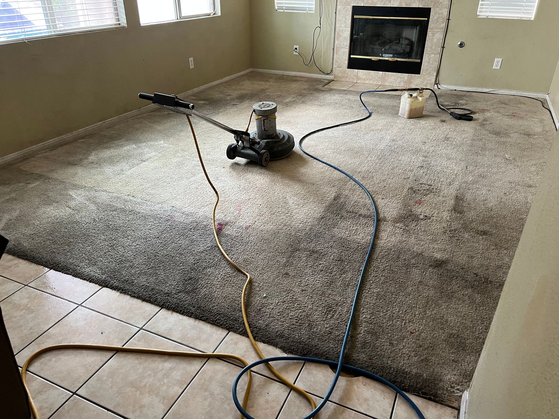 Carpet cleaner on a light-colored carpet in a room with a fireplace and windows.