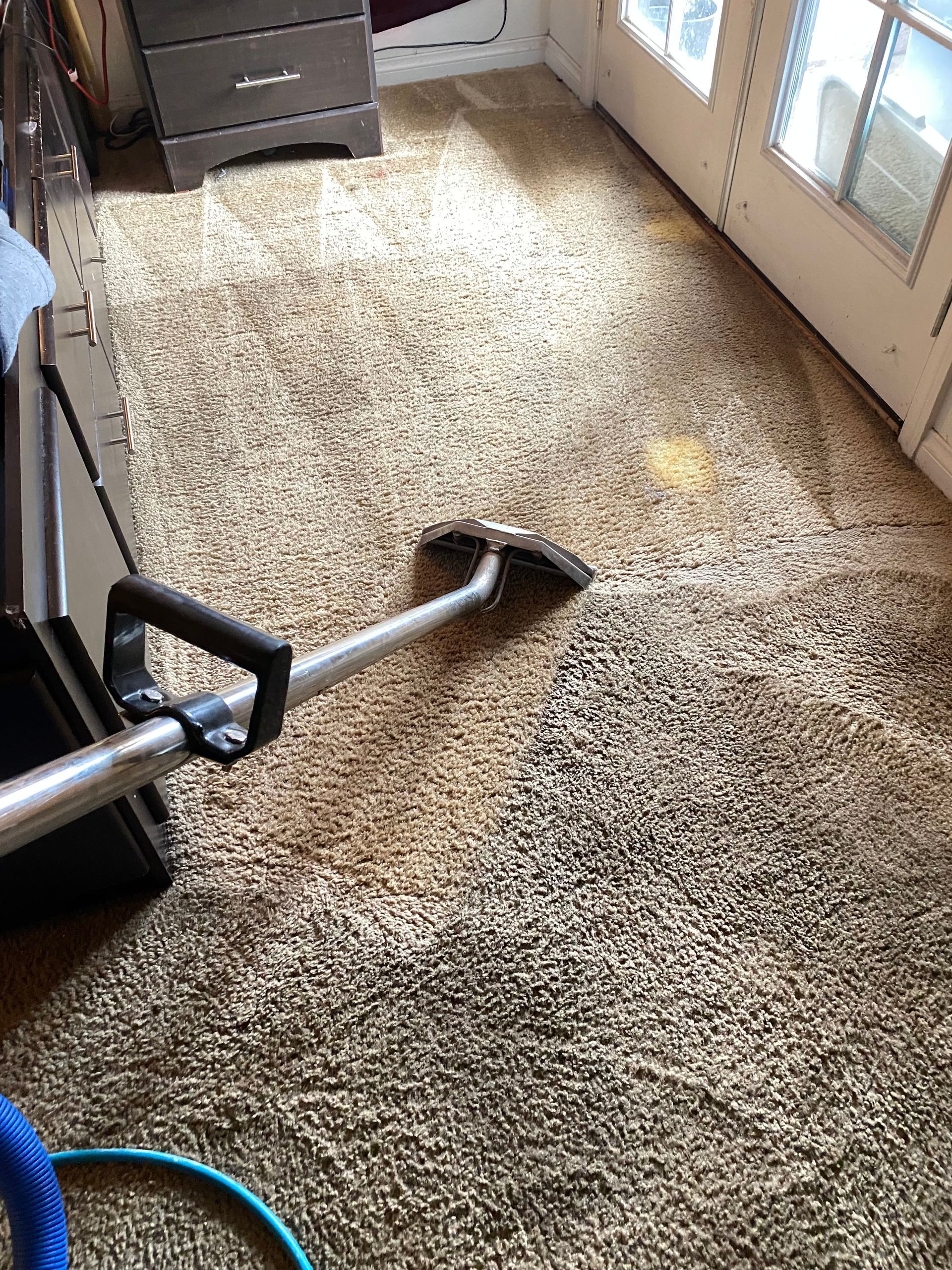 Carpet being cleaned with a carpet cleaning machine. Beige carpet, water spraying.