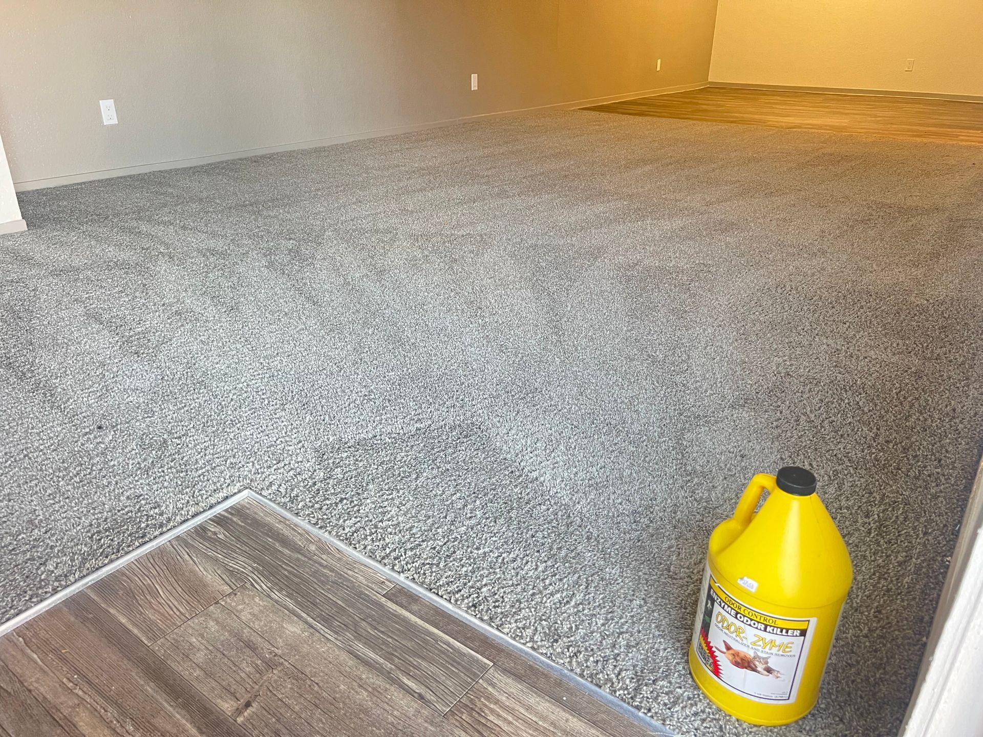 Newly installed gray carpet in a room, with a yellow jug of cleaner in the foreground.
