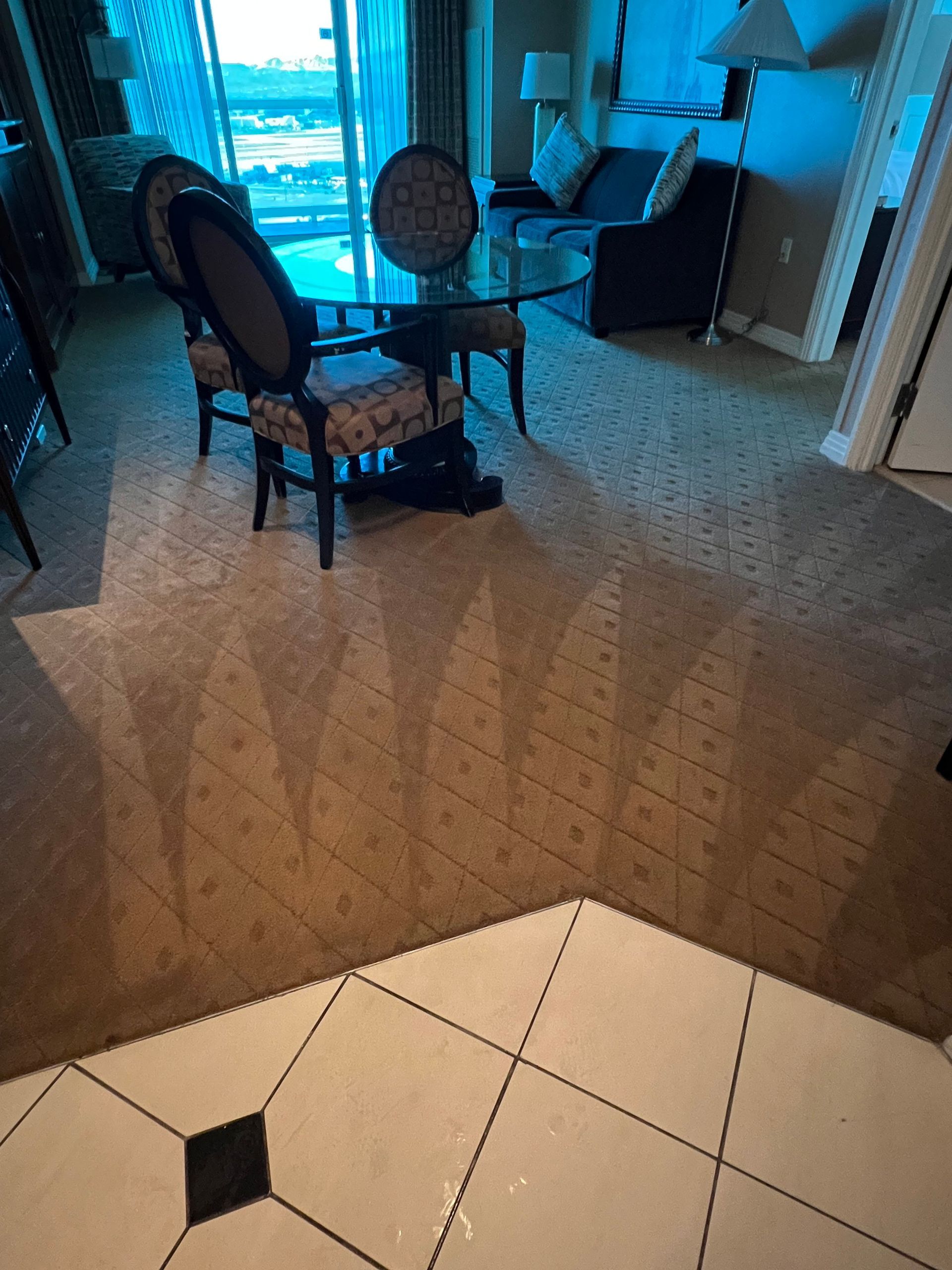 Carpeted room with a round dining table, chairs, and a black couch; sunlight creates a pattern on the carpet.