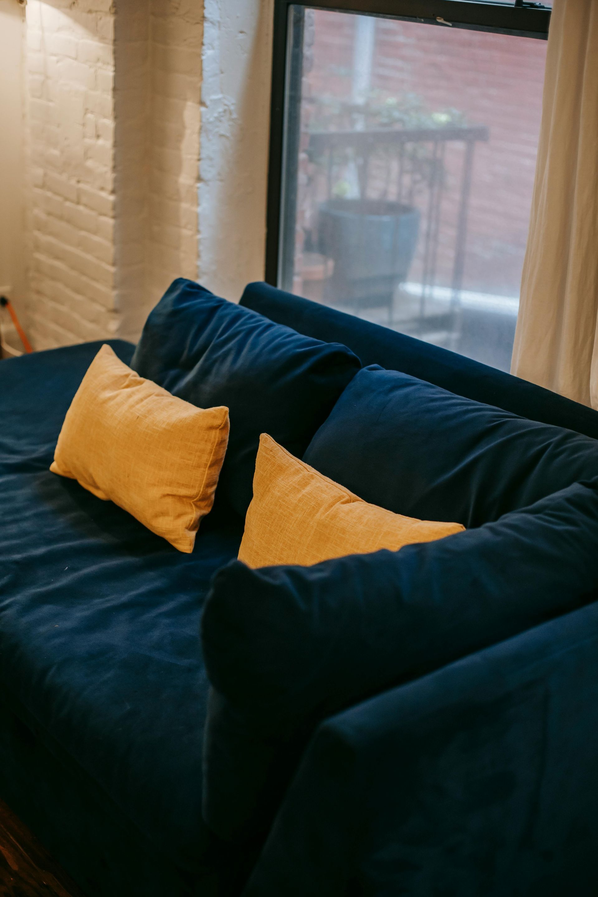 Blue couch with two yellow pillows in front of a window.