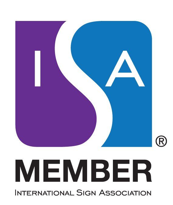 A blue and purple logo for the international sign association