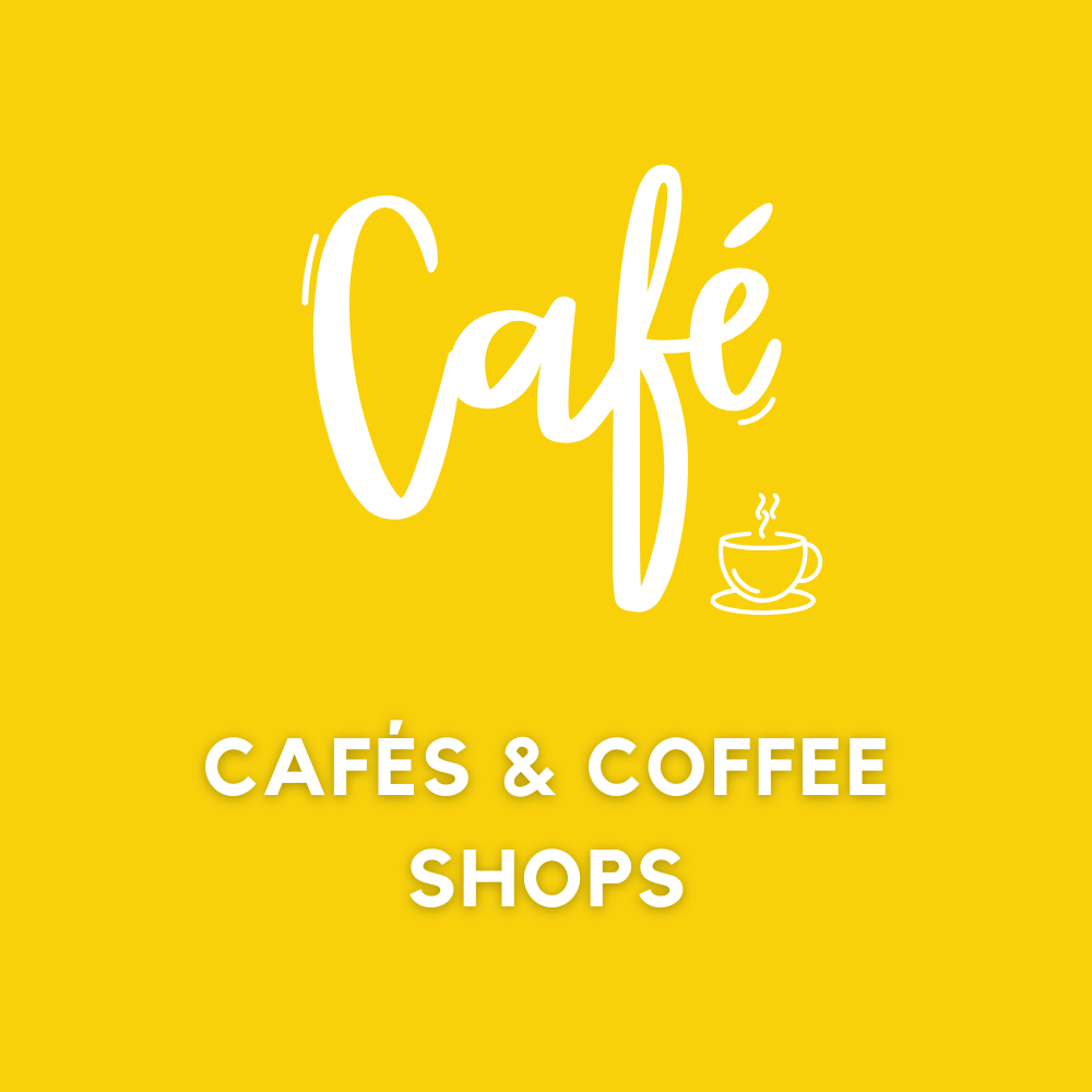 A logo for cafes and coffee shops with a cup of coffee on a yellow background.