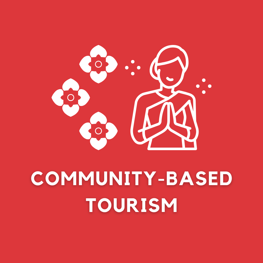 A community based tourism logo with a woman and flowers on a red background.