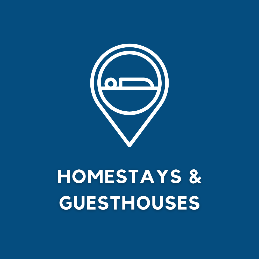 A logo for homestays and guesthouses on a blue background.
