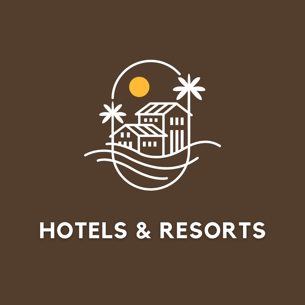 A logo for hotels and resorts with a house and palm trees