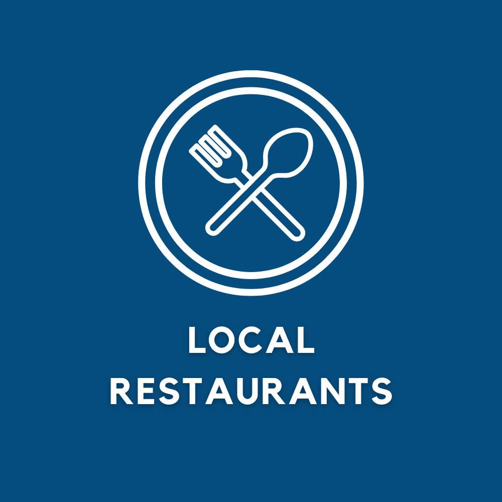 A logo for local restaurants with a fork and spoon in a circle.