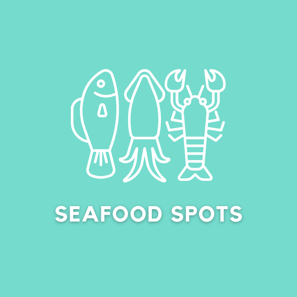 A logo for seafood spots with a squid , lobster , and fish on a blue background.