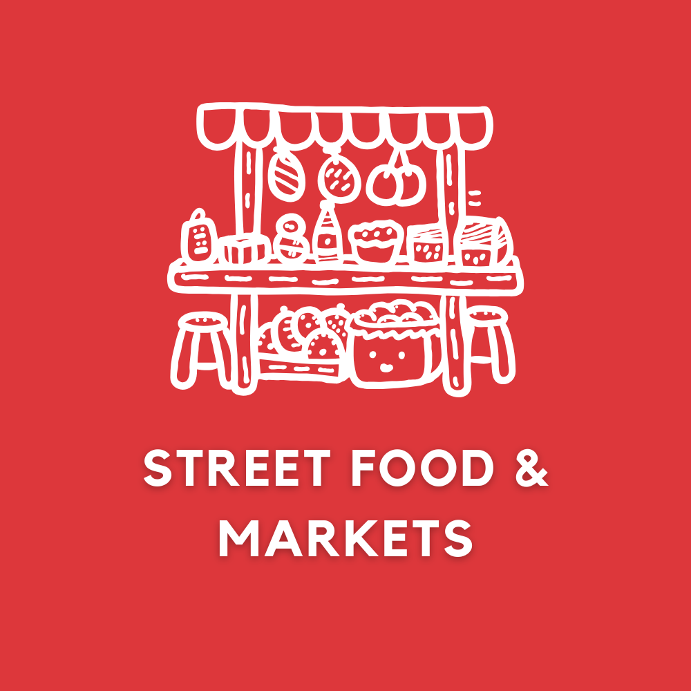 A red background with a drawing of a food stand and the words street food and markets.