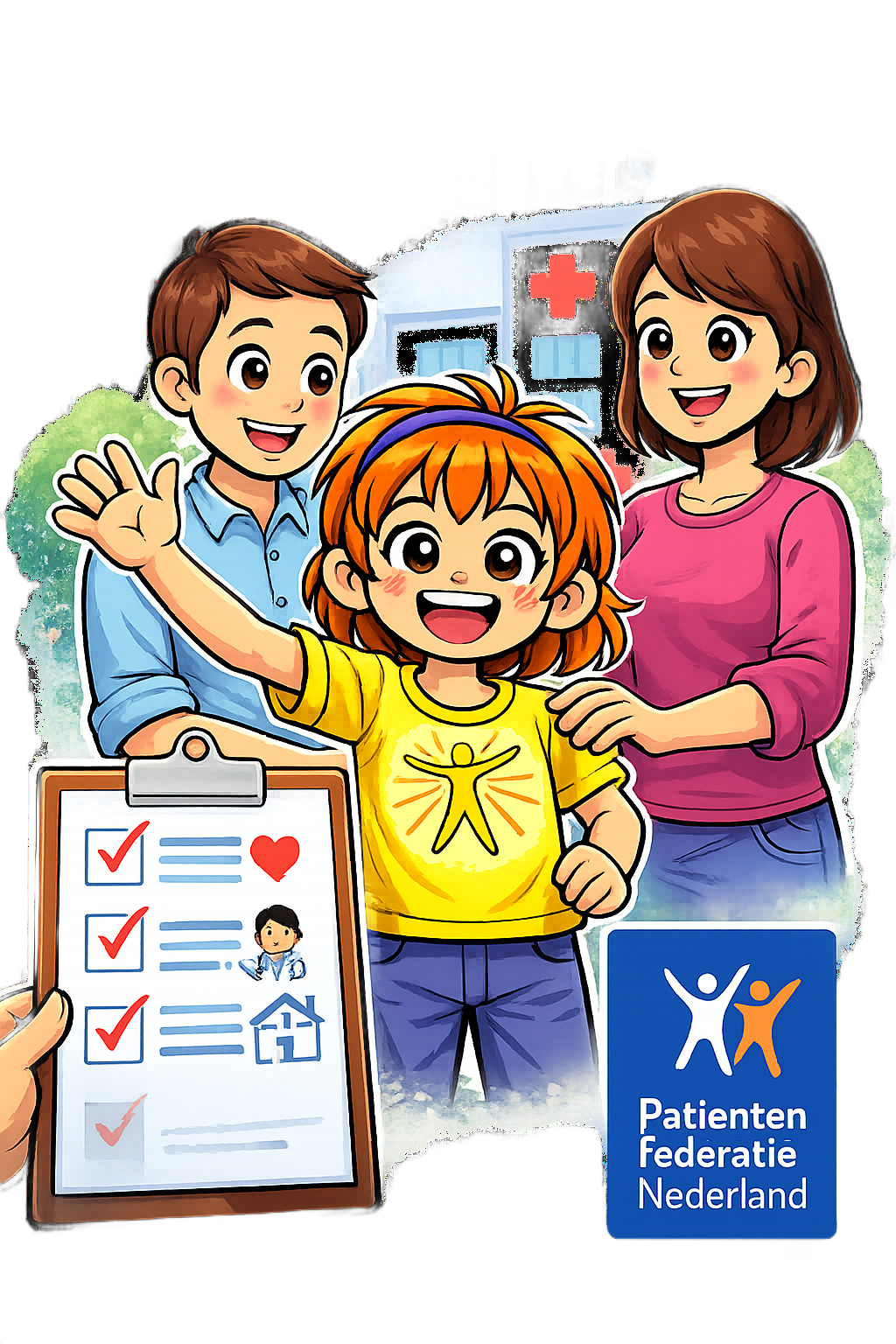illustratie van kind met ouders met link naar patientenfederatie