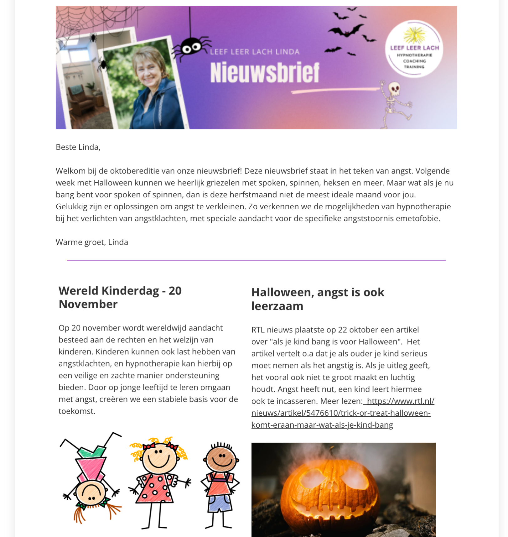 Een nieuwsbrief met een foto van een pompoen en kinderen erop.