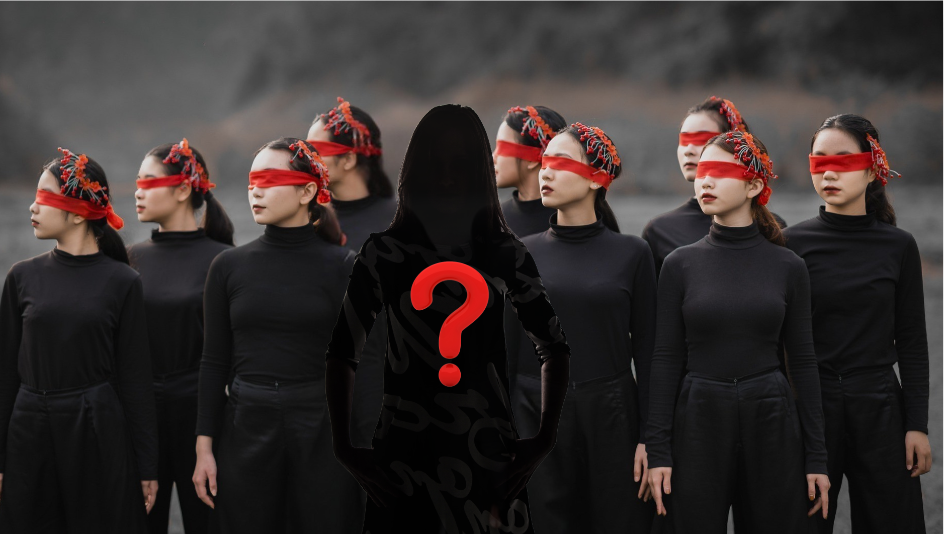 groep geblindoekte vrouw en 1 silhouette van een vrouw met een vraagteken.