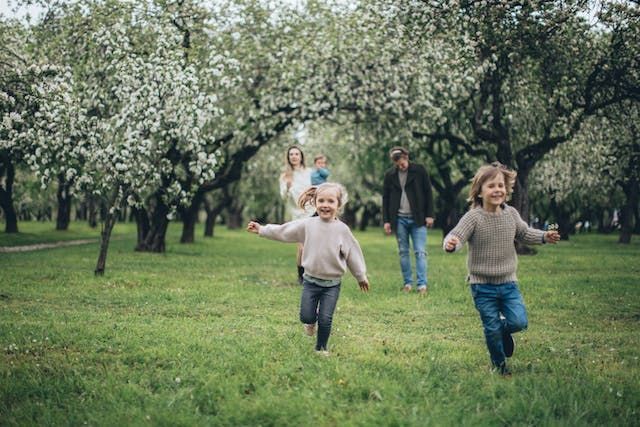 A family is running through a park with trees in bloom.