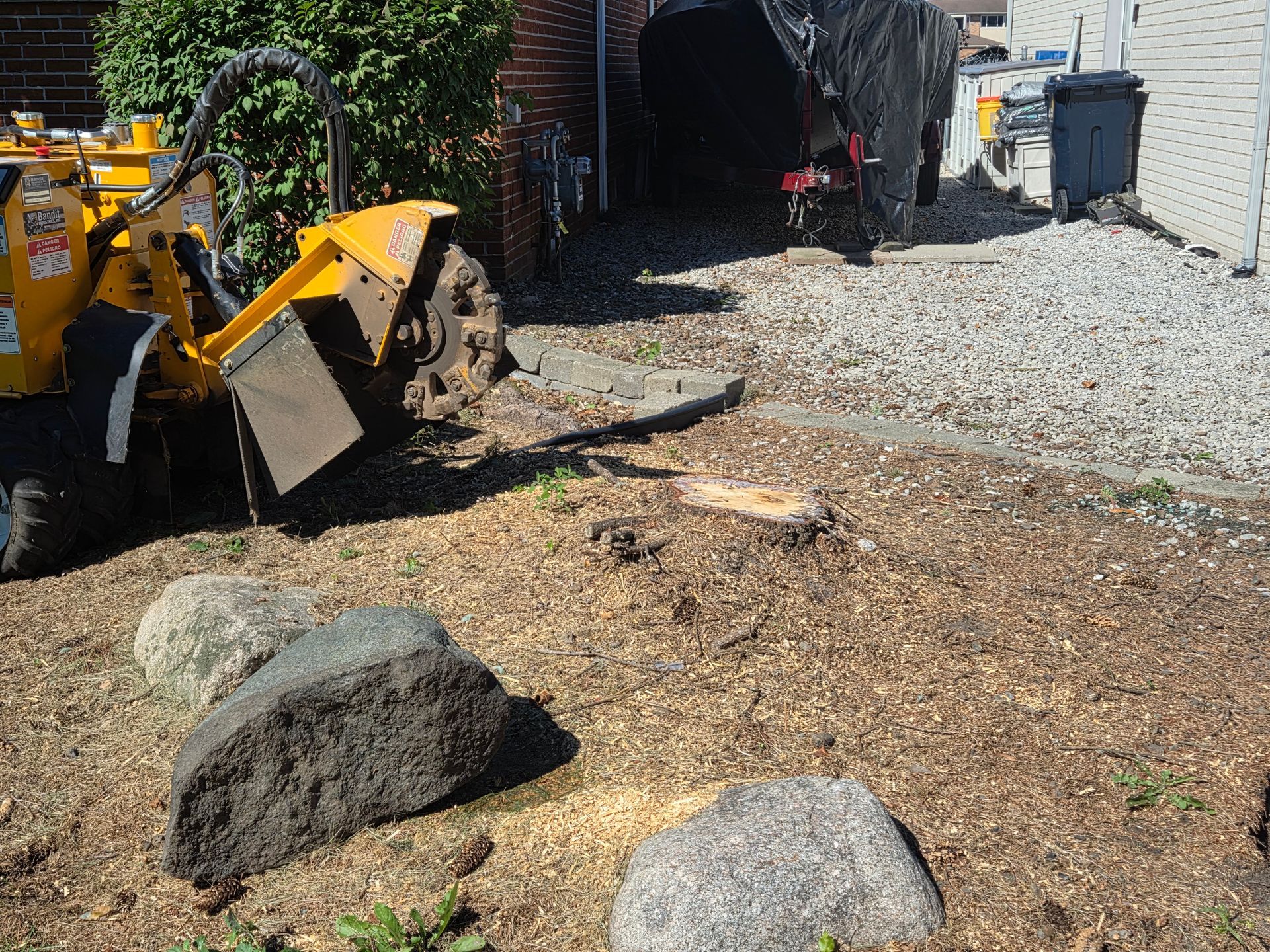 Grinding down a stump next to some stones in Sterling Heights, MI