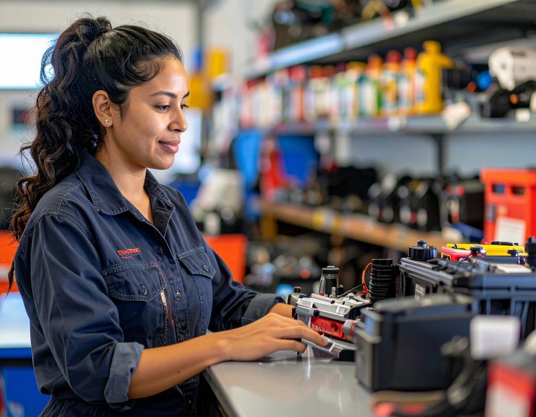Woman in mechanic's uniform working at a parts counter in an auto shop.
