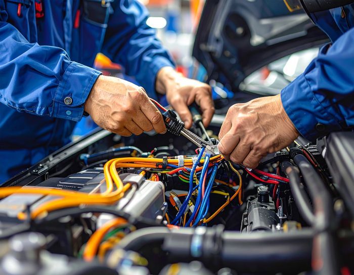 Mechanics in blue coveralls repair car engine, focusing on wires.