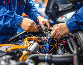 Mechanics in blue coveralls repair car engine, focusing on wires.