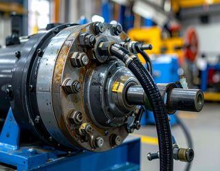Close-up of a large, industrial machine with bolts, pipes, and a central rotating shaft, likely in a factory.
