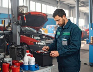 Mechanic in blue jumpsuit works on a car battery in a garage.