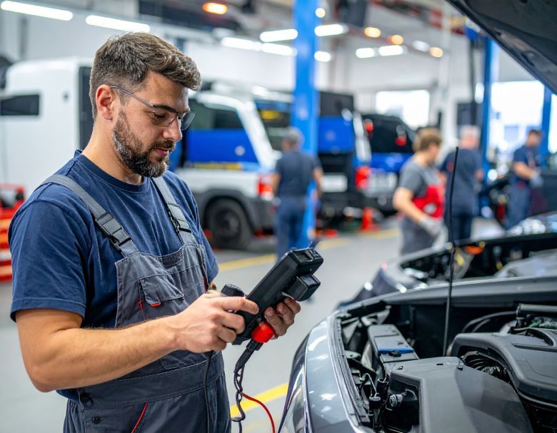 Mechanic in overalls using diagnostic tool on car engine in a repair shop.