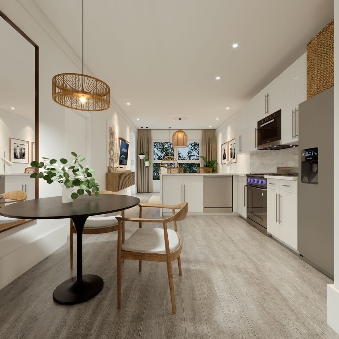 A kitchen with a table and chairs in it