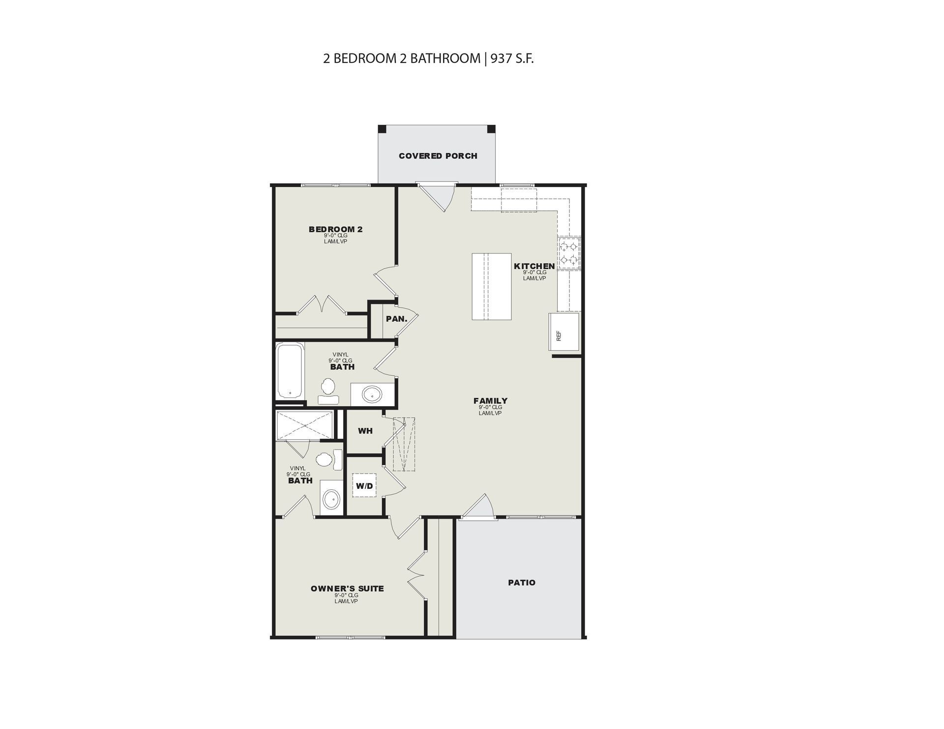A floor plan of a house with two bedrooms and a patio.