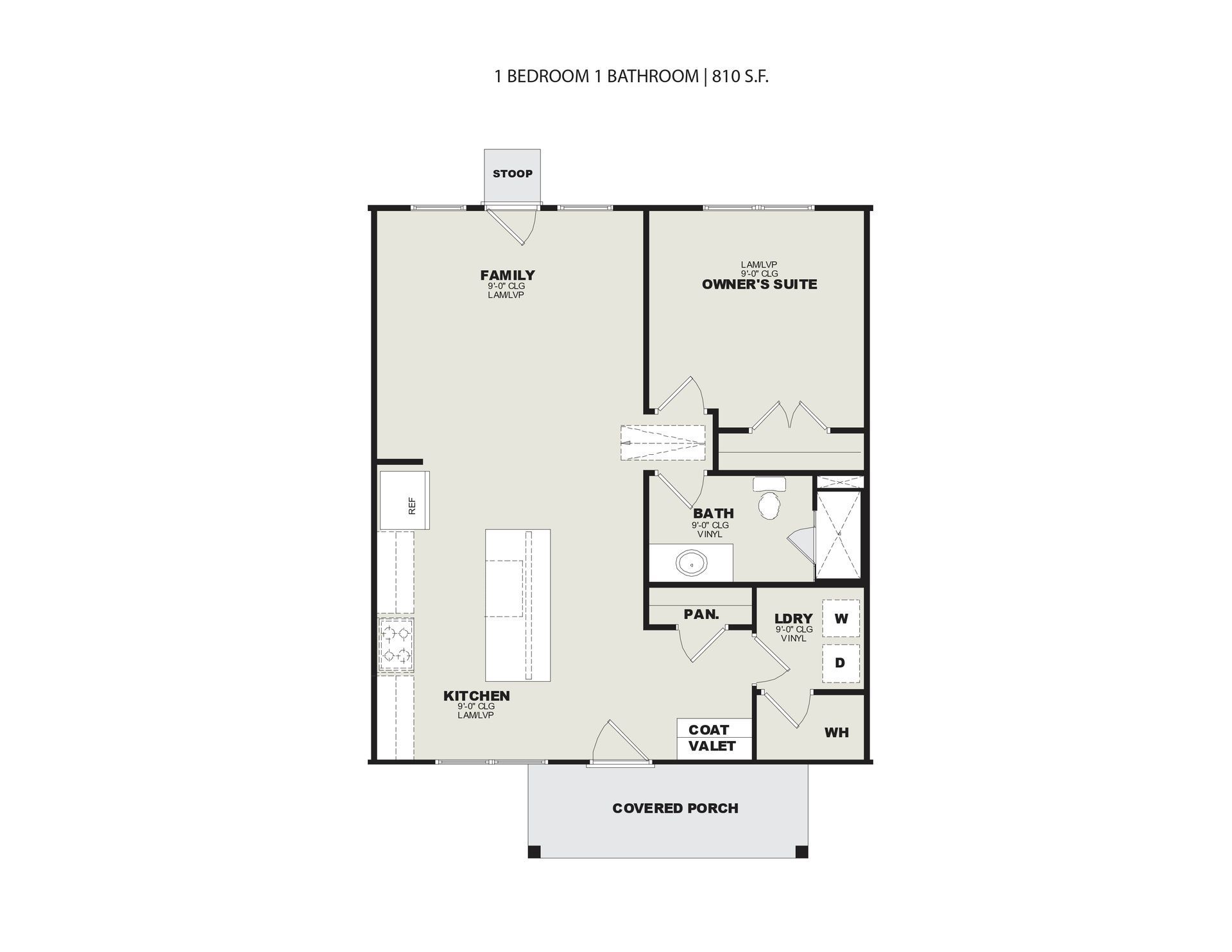 A floor plan of a house with two bedrooms and a kitchen.