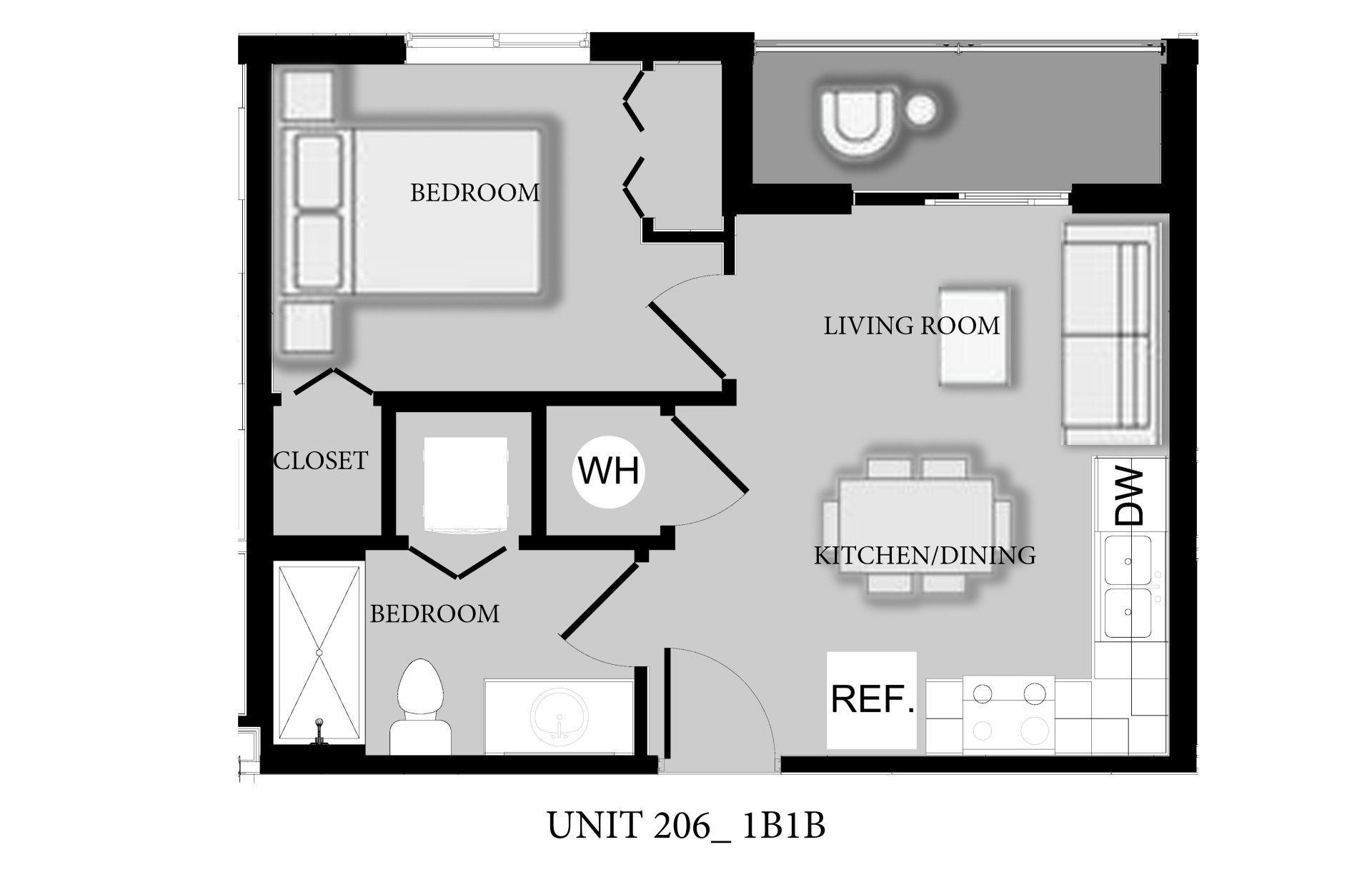 A black and white floor plan of a small apartment