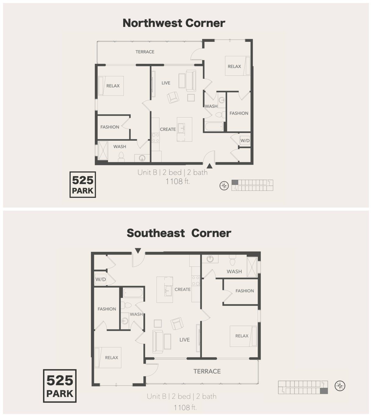 A floor plan for 525 park shows the northwest corner and southeast corner