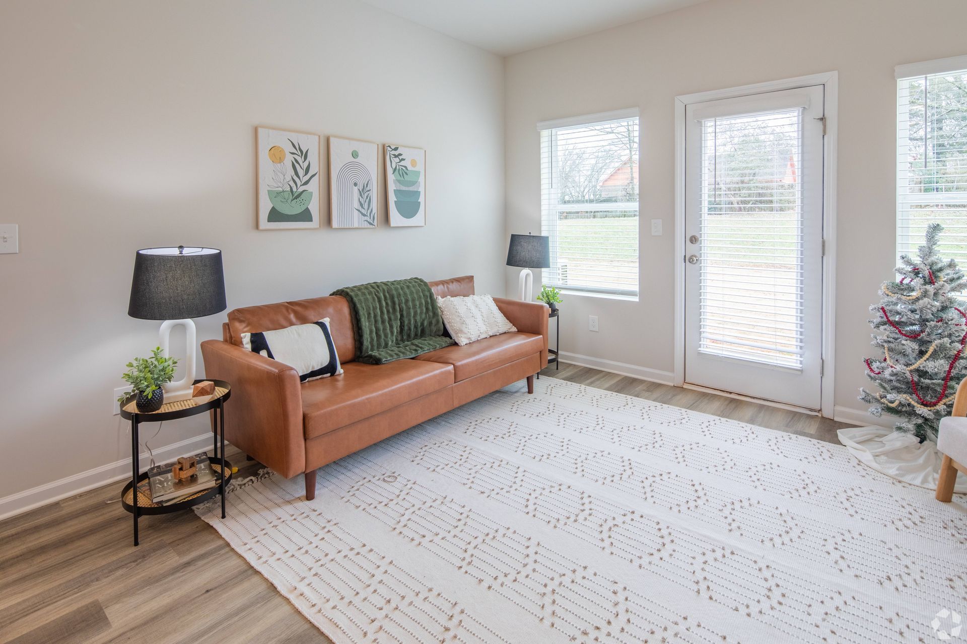 A living room with a brown couch and a white rug.