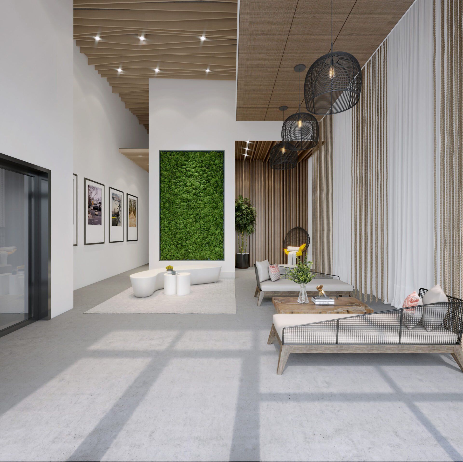 An artist 's impression of a living room with a couch and chairs