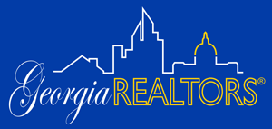 Georgia realtors logo on a blue background with a city skyline