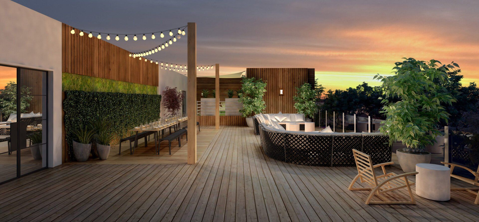 An artist 's impression of a rooftop deck with a sunset in the background.
