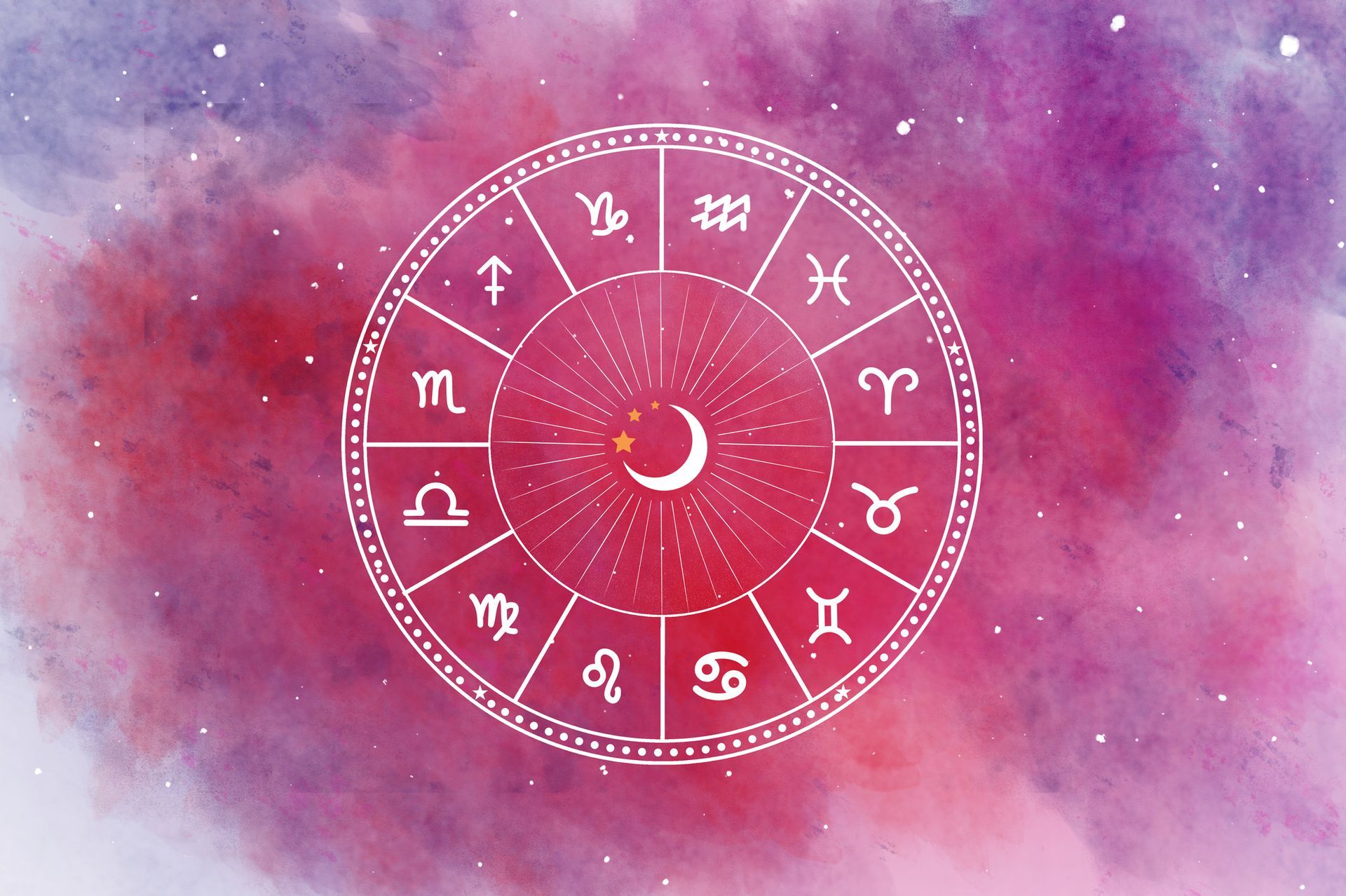 Pink watercolor zodiac wheel with white astrological symbols on a starry background