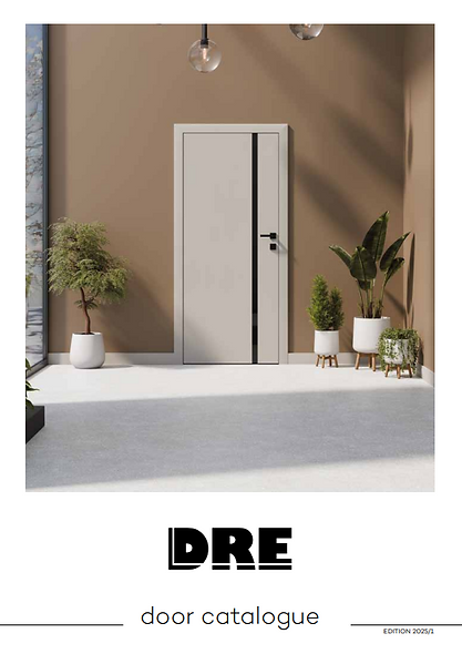 Interior door catalog cover. A white door with a black stripe, plants, and a brown wall.