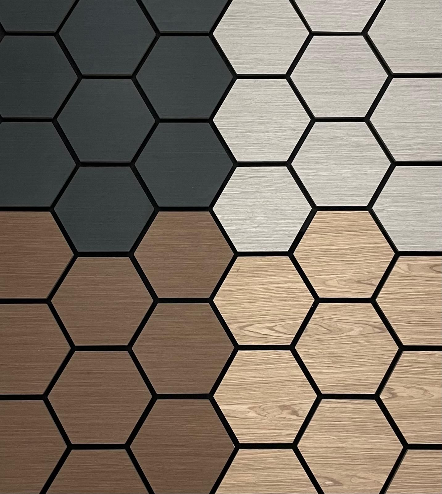 Honeycomb tiles in grey, white, and wood grain shades.