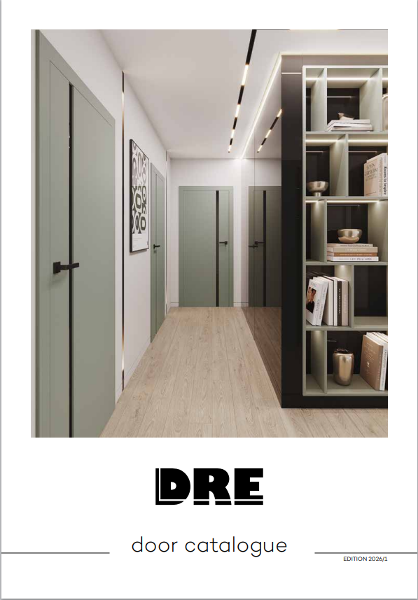 Interior door catalog cover. A white door with a black stripe, plants, and a brown wall.