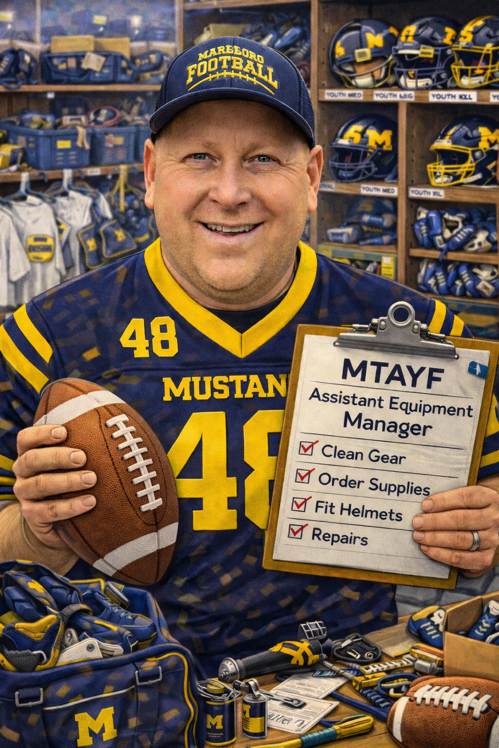 Football coach, arms crossed, on the field. Blue shirt, serious expression, players in background.