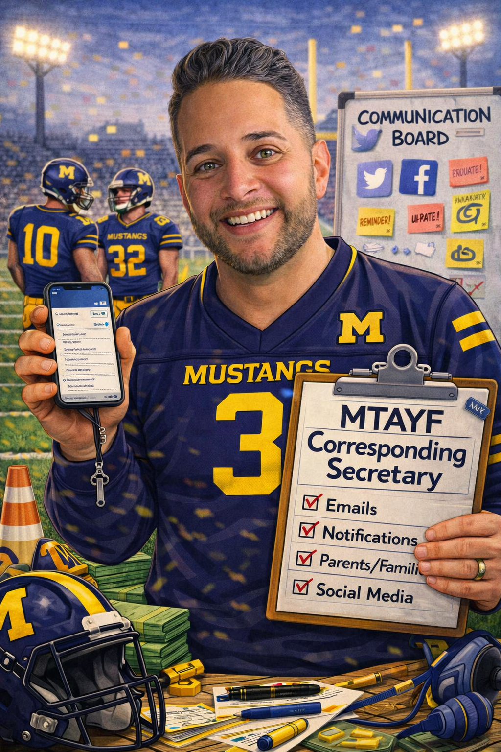 Football coach, arms crossed, on the field. Blue shirt, serious expression, players in background.