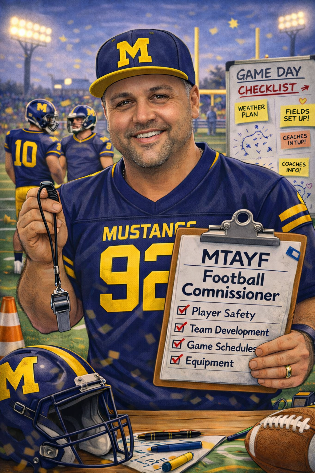 Football coach, arms crossed, on the field. Blue shirt, serious expression, players in background.