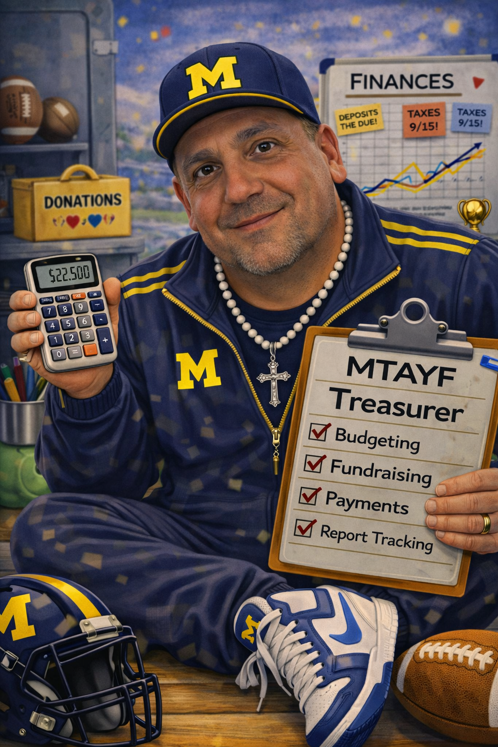 Football coach, arms crossed, on the field. Blue shirt, serious expression, players in background.