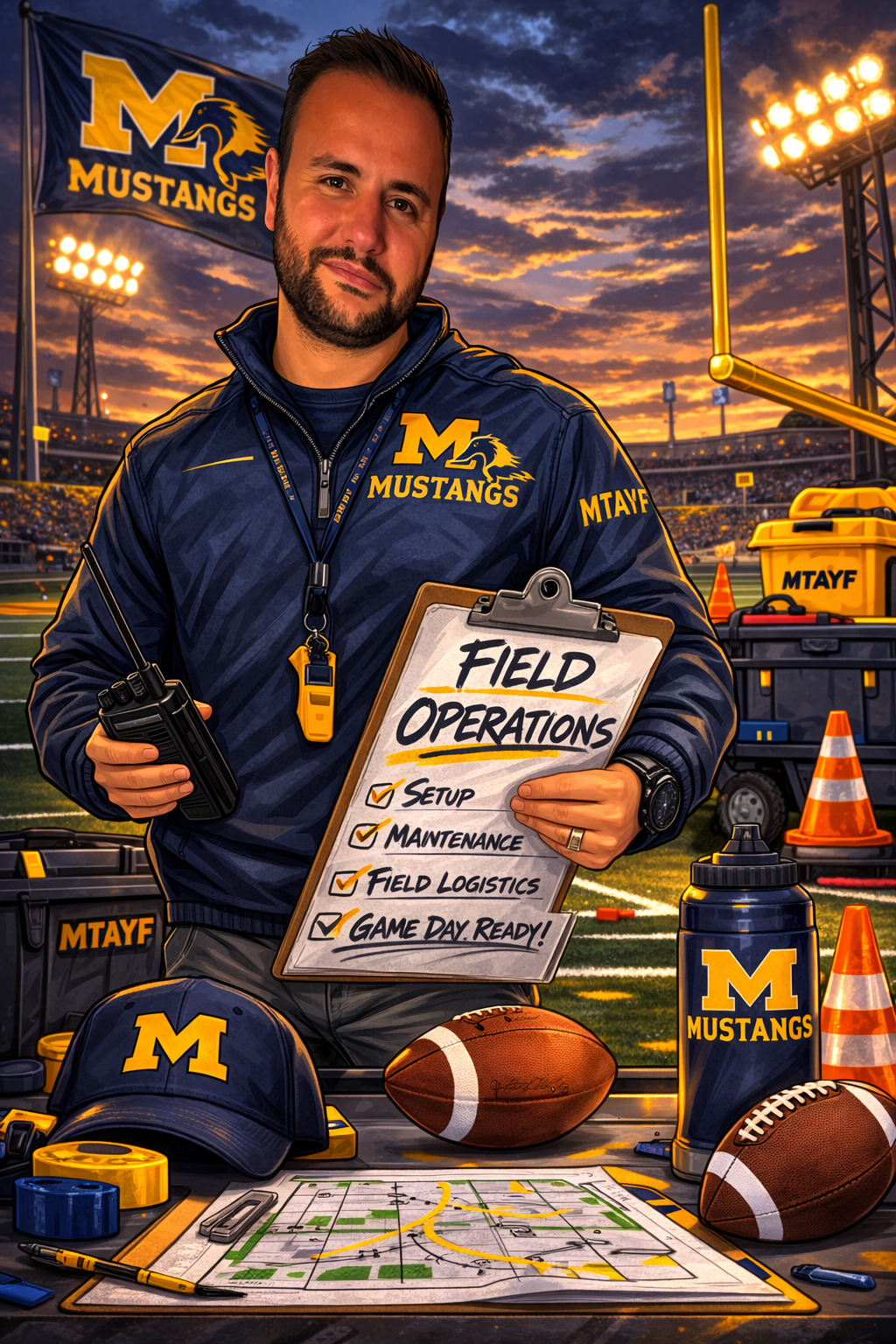 Football coach, arms crossed, on the field. Blue shirt, serious expression, players in background.