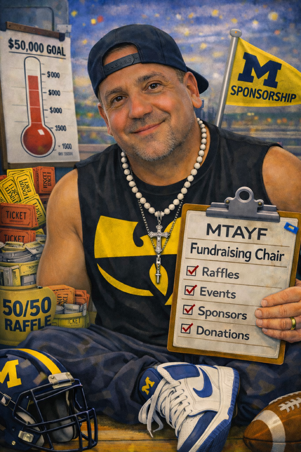 Football coach, arms crossed, on the field. Blue shirt, serious expression, players in background.