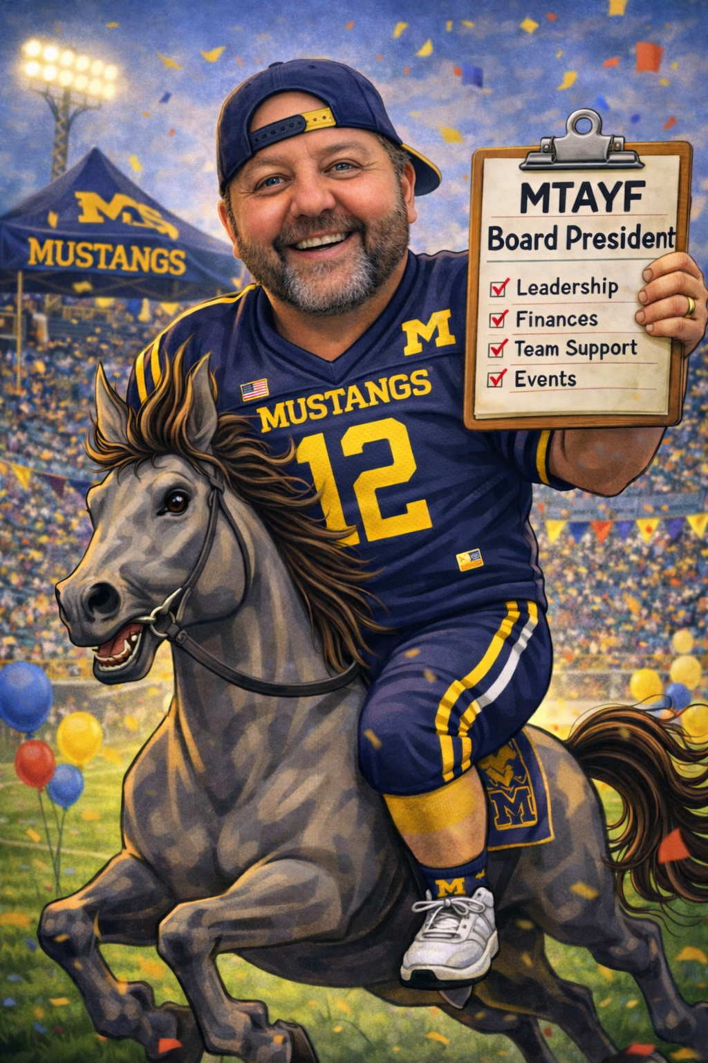 Football coach, arms crossed, on the field. Blue shirt, serious expression, players in background.