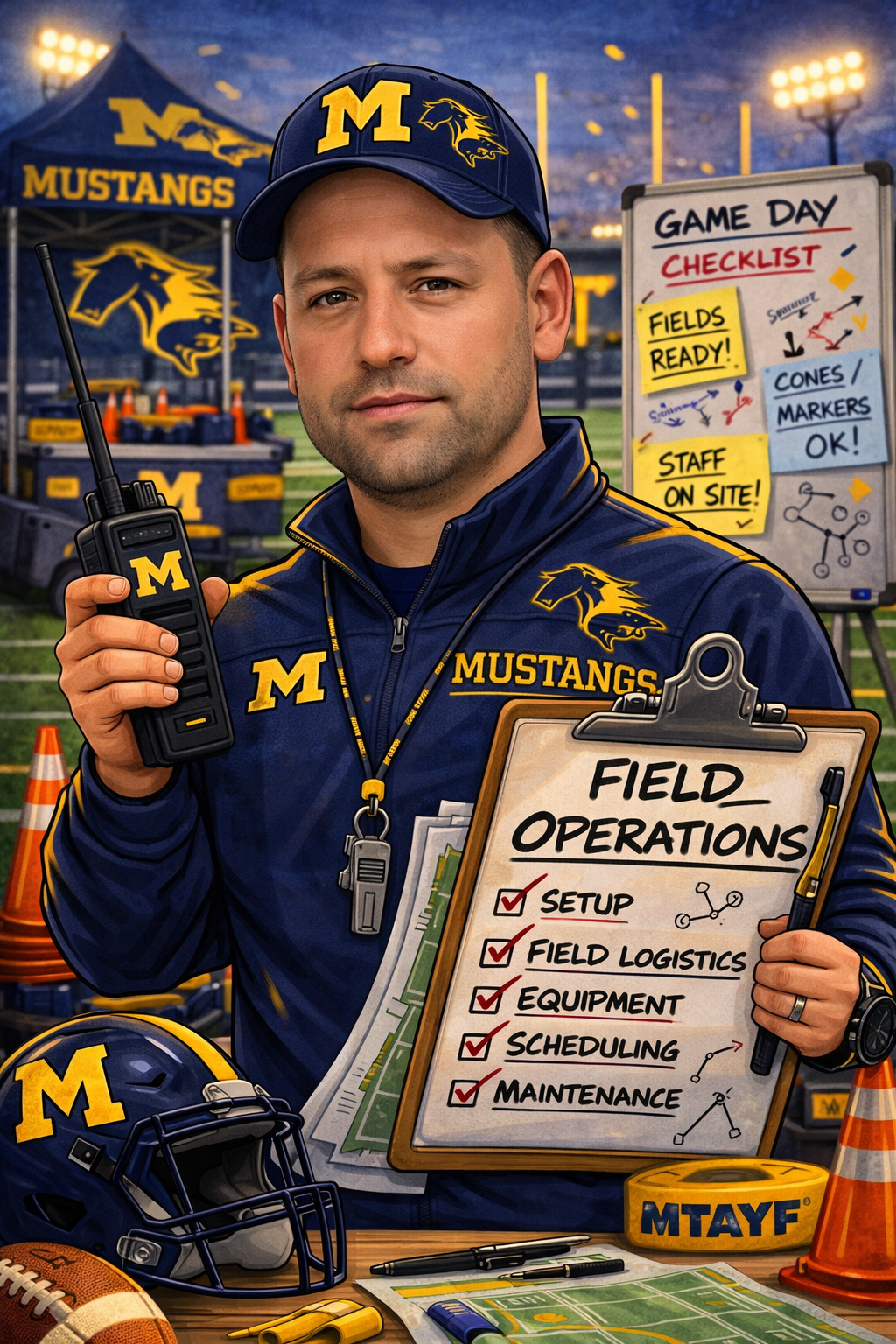 Football coach, arms crossed, on the field. Blue shirt, serious expression, players in background.