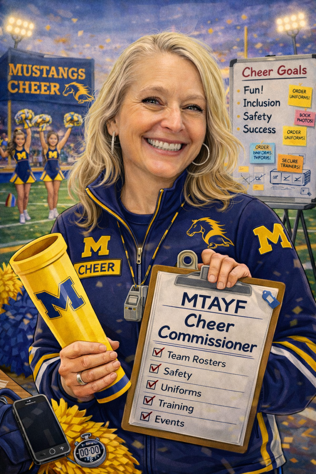 Football coach, arms crossed, on the field. Blue shirt, serious expression, players in background.