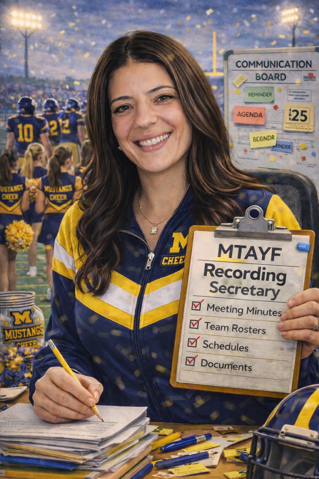 Football coach, arms crossed, on the field. Blue shirt, serious expression, players in background.