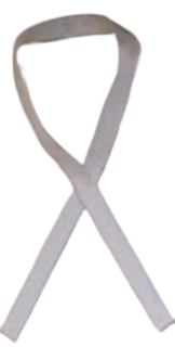 A white ribbon is crossed over itself on a white background.