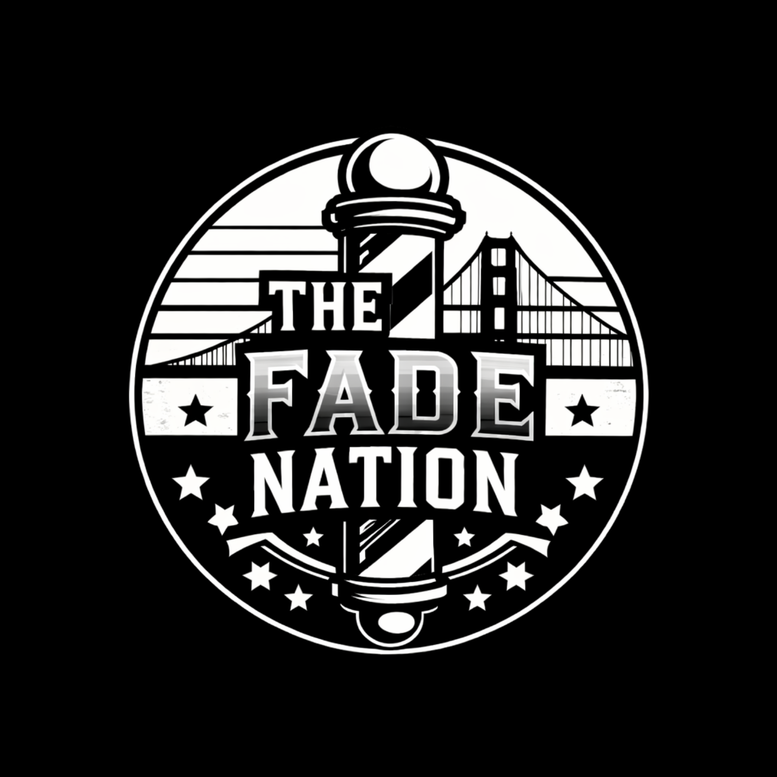 Logo for "The Fade Nation" barbershop; features barber pole, Golden Gate Bridge, stars, and text.