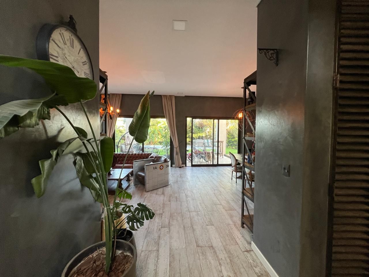 Pasillo con vistas a un salón con suelo de madera, una planta grande y puertas correderas de cristal.